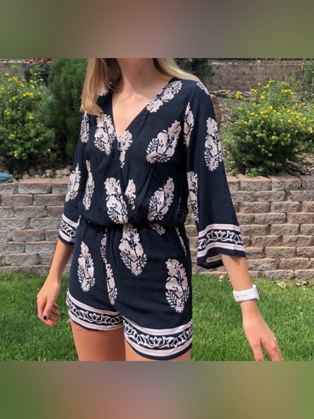 Eclipse Navy and Pale Pink Floral Wrap Romper